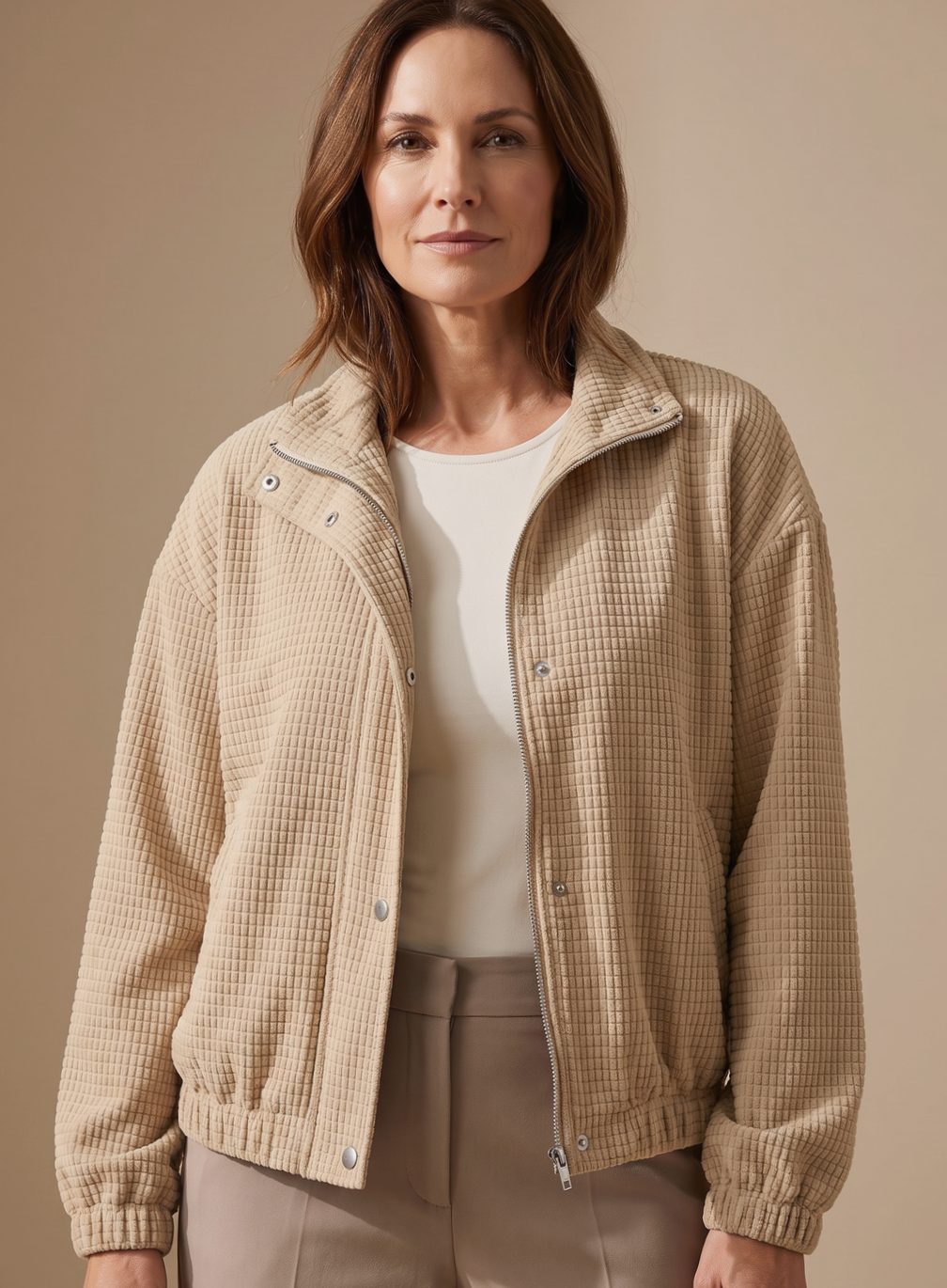 Women's Cropped Waffle-Knit Button-Up Stand-Collar Jacket