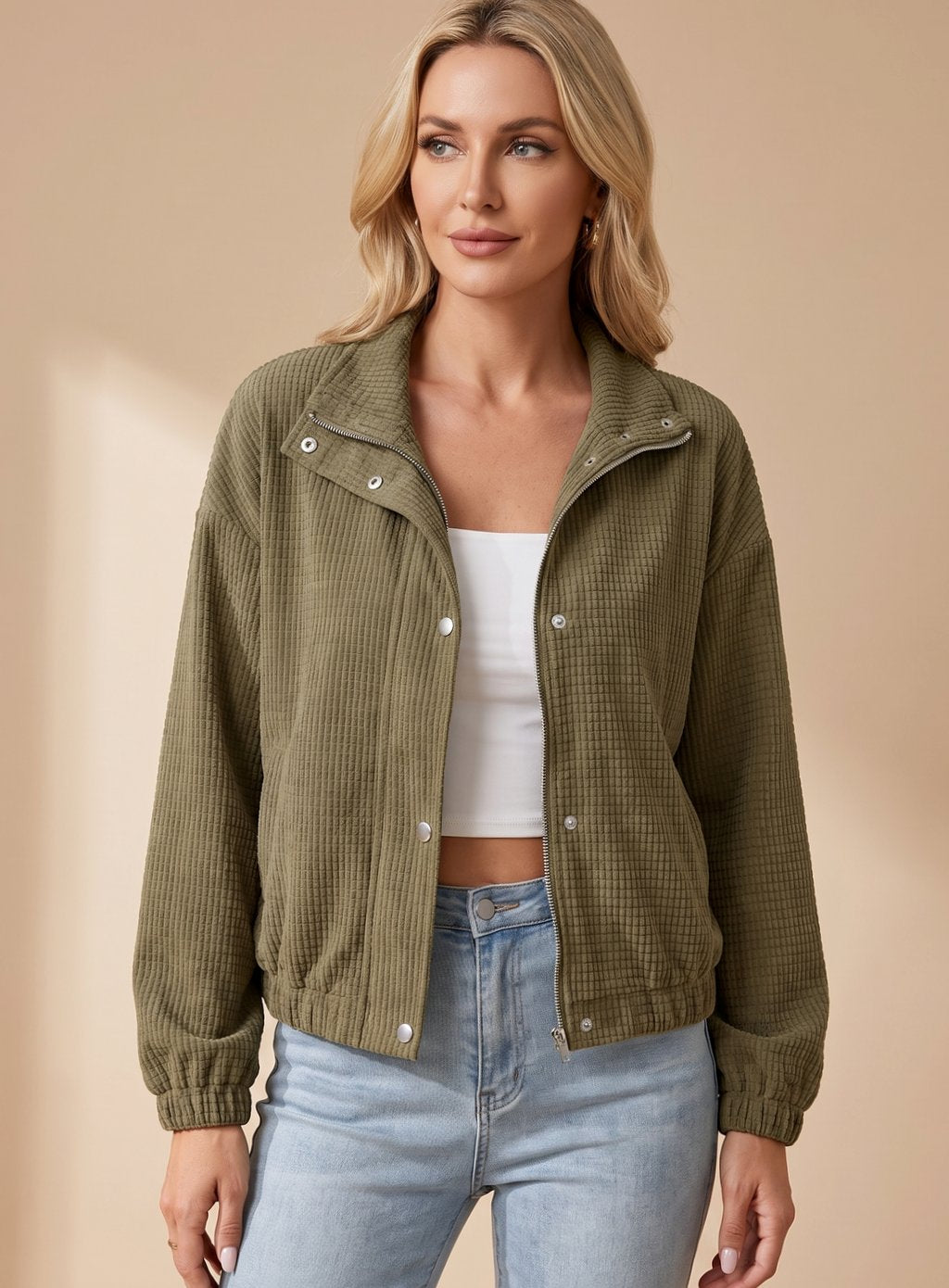 Women's Cropped Waffle-Knit Button-Up Stand-Collar Jacket
