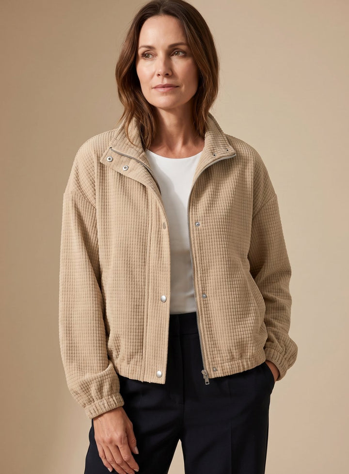 Women's Cropped Waffle-Knit Button-Up Stand-Collar Jacket - Apricot