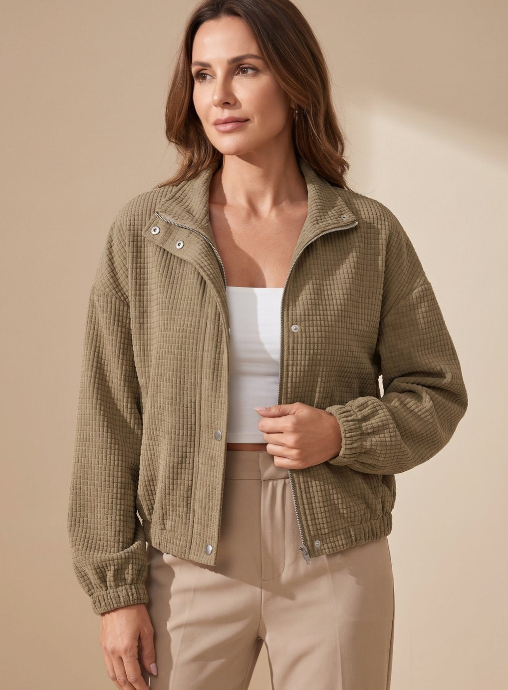 Women's Cropped Waffle-Knit Button-Up Stand-Collar Jacket - Brown