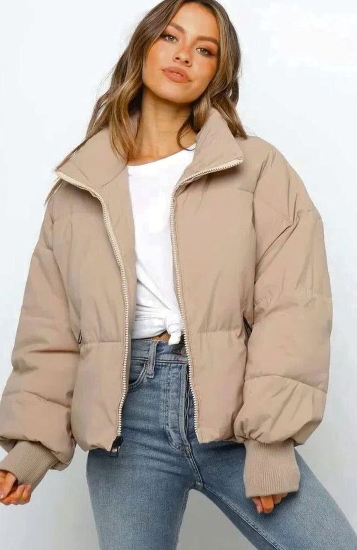 Women's Cropped Zip Up Puffer Jacket Quilted Stand Collar - Khaki