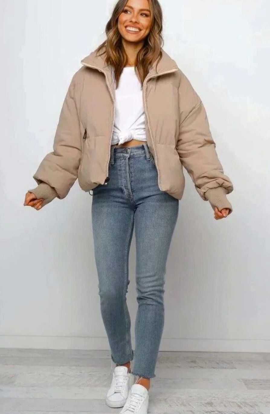 Women's Cropped Zip Up Puffer Jacket Quilted Stand Collar