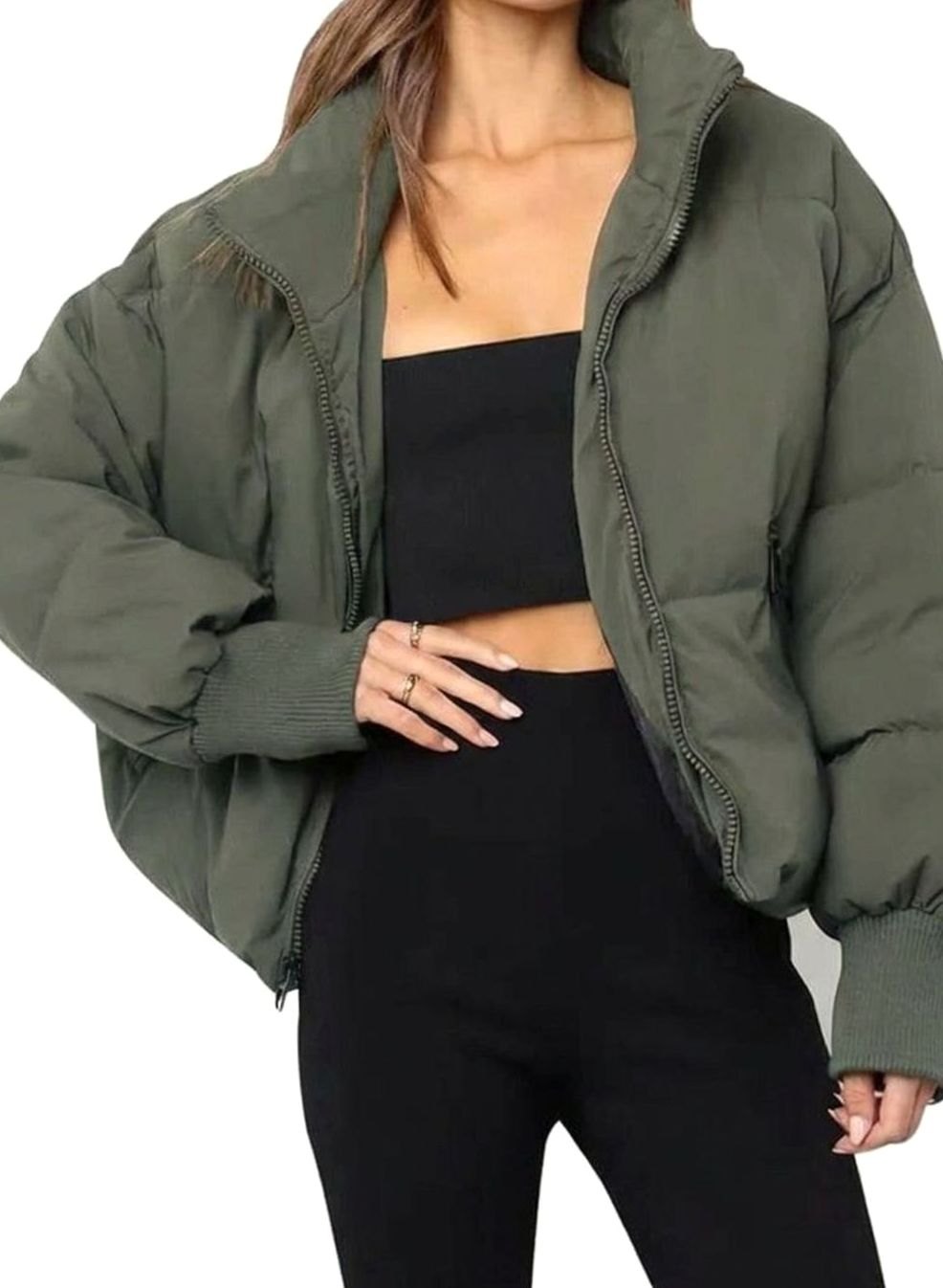 Women's Cropped Zip Up Puffer Jacket Quilted Stand Collar - Green