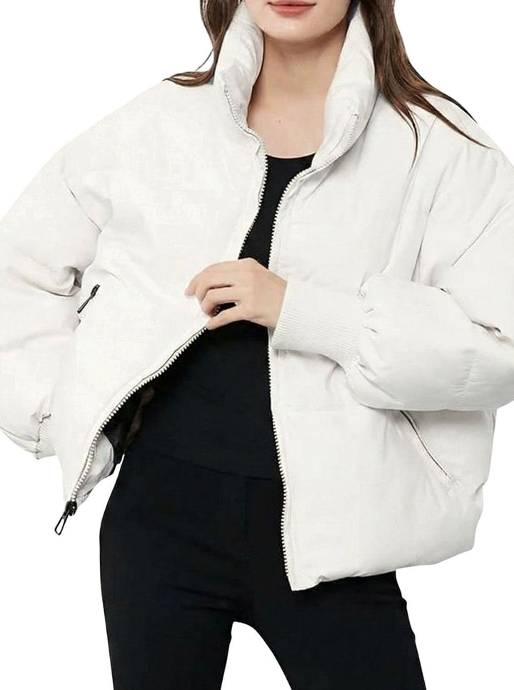 Women's Cropped Zip Up Puffer Jacket Quilted Stand Collar - White