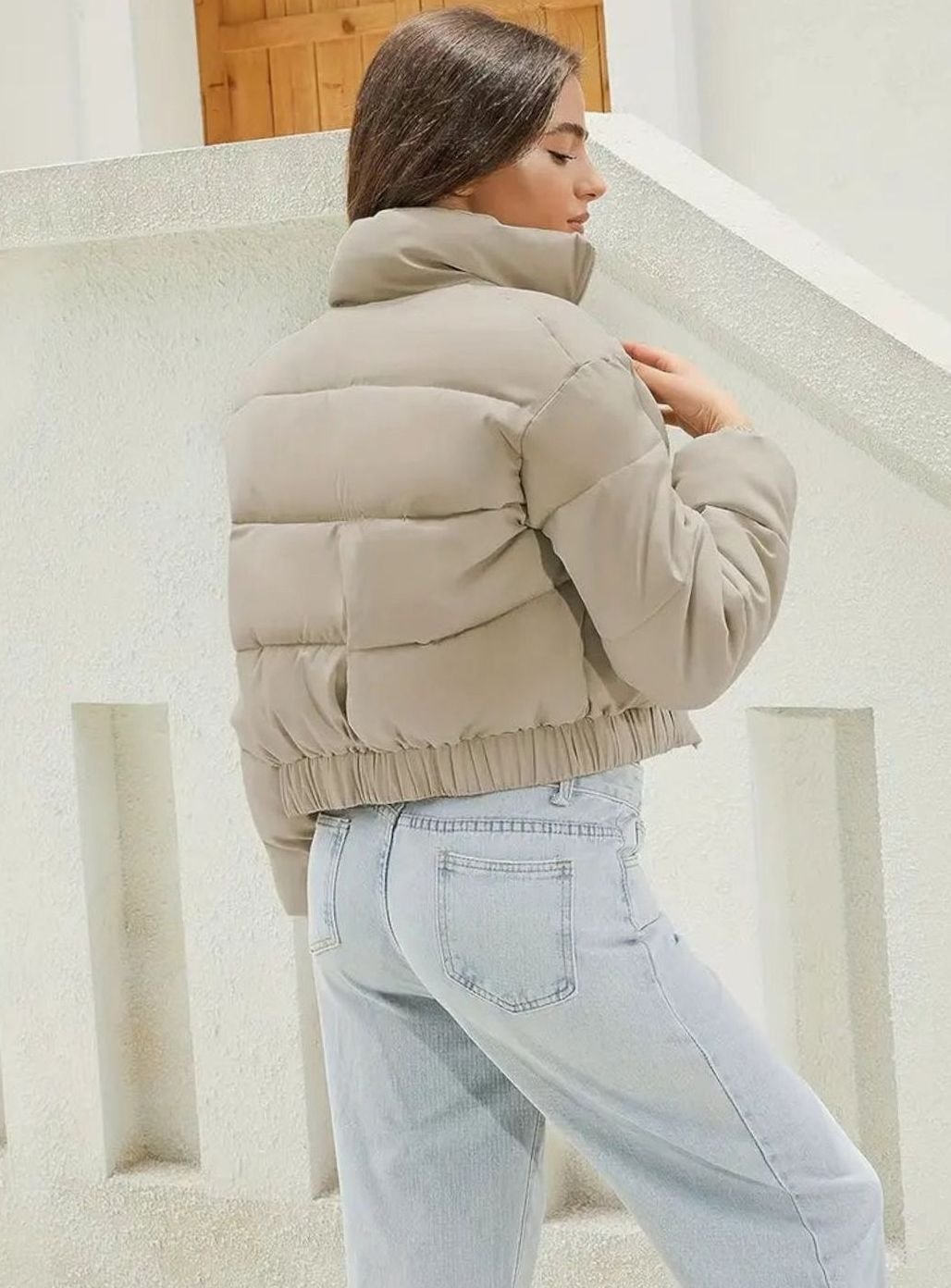 Women's Cropped Zip-Up Stand-Collar Puffer Jacket