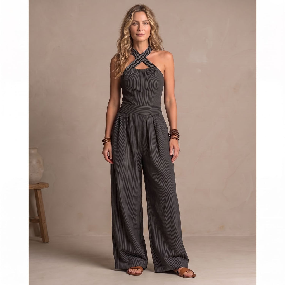 Women's Cross Halter Wide-Leg Pinstripe Jumpsuit - Black