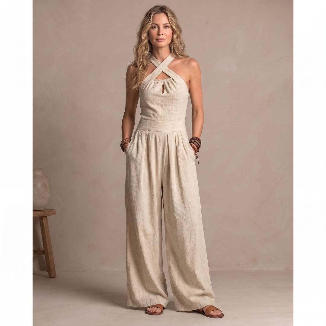 Women's Cross Halter Wide-Leg Pinstripe Jumpsuit - Beige