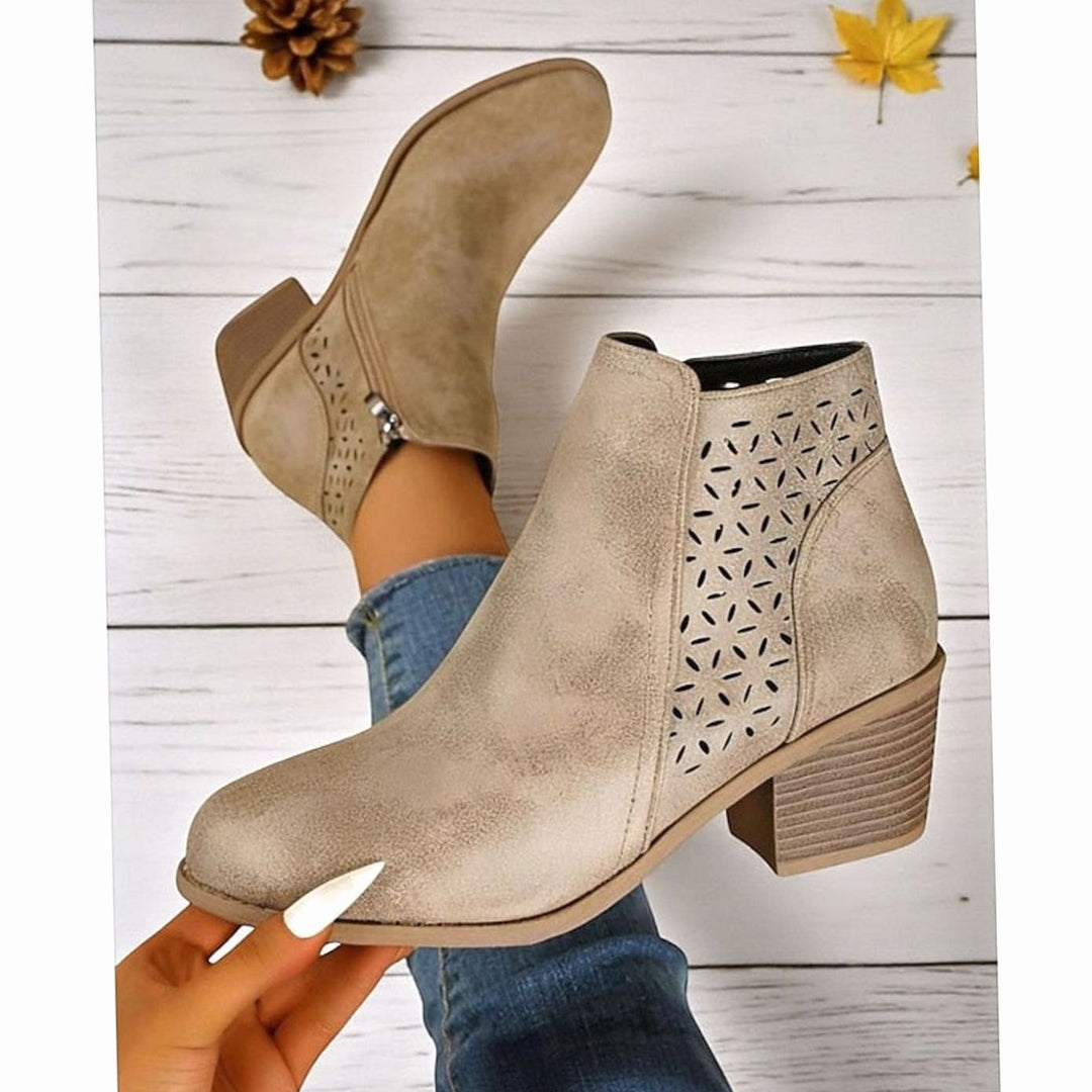 Women's Cutout Low Block-Heel Ankle Boots - Khaki