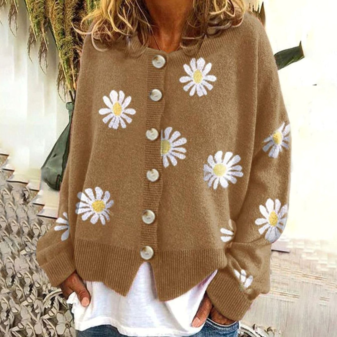 Women's Daisy Floral Button-Front Relaxed-Fit Winter Cardigan Sweater - Khaki