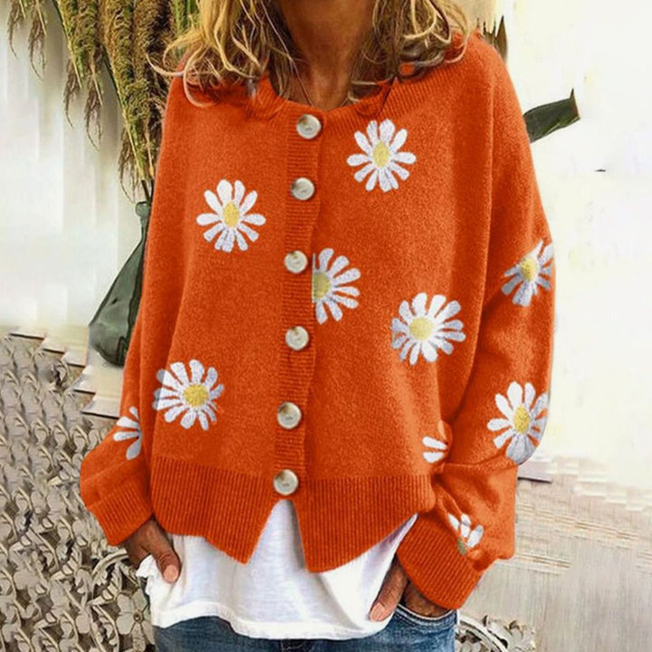 Women's Daisy Floral Button-Front Relaxed-Fit Winter Cardigan Sweater - Orange