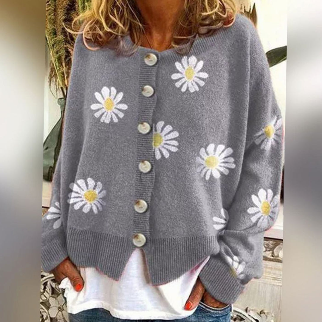 Women's Daisy Floral Button-Front Relaxed-Fit Winter Cardigan Sweater - Grey