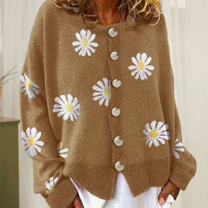 Women's Daisy Floral Button-Front Relaxed-Fit Winter Cardigan Sweater