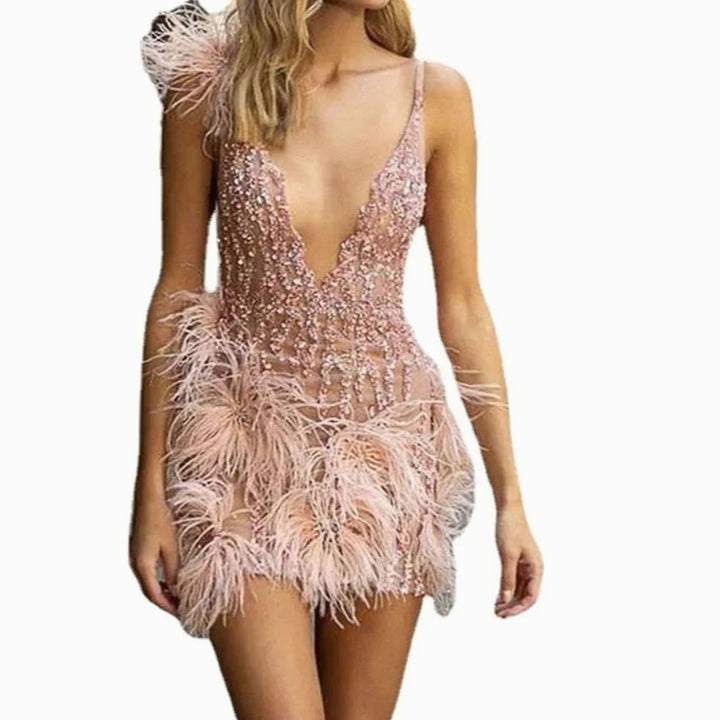 Women's Deep V-Neck Beaded Feather-Trim Mini Cocktail Dress