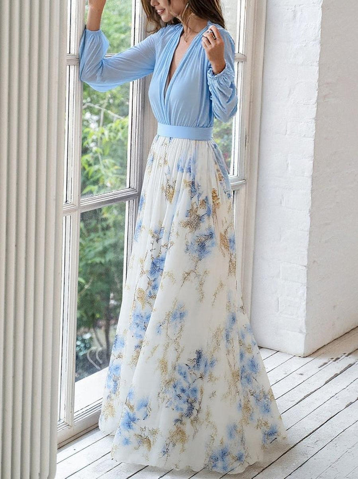 Women's Deep V-Neck Floral Maxi Long Sleeve Dress A-Line Chiffon
