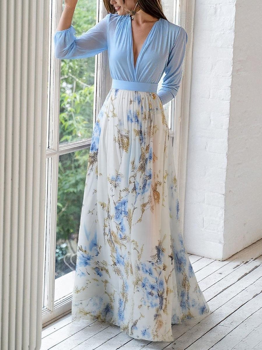 Women's Deep V-Neck Floral Maxi Long Sleeve Dress A-Line Chiffon