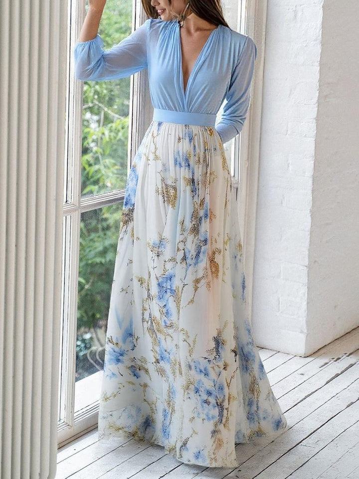Women's Deep V-Neck Floral Maxi Long Sleeve Dress A-Line Chiffon