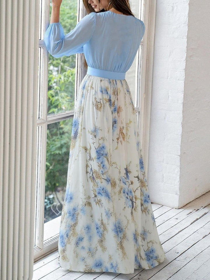 Women's Deep V-Neck Floral Maxi Long Sleeve Dress A-Line Chiffon