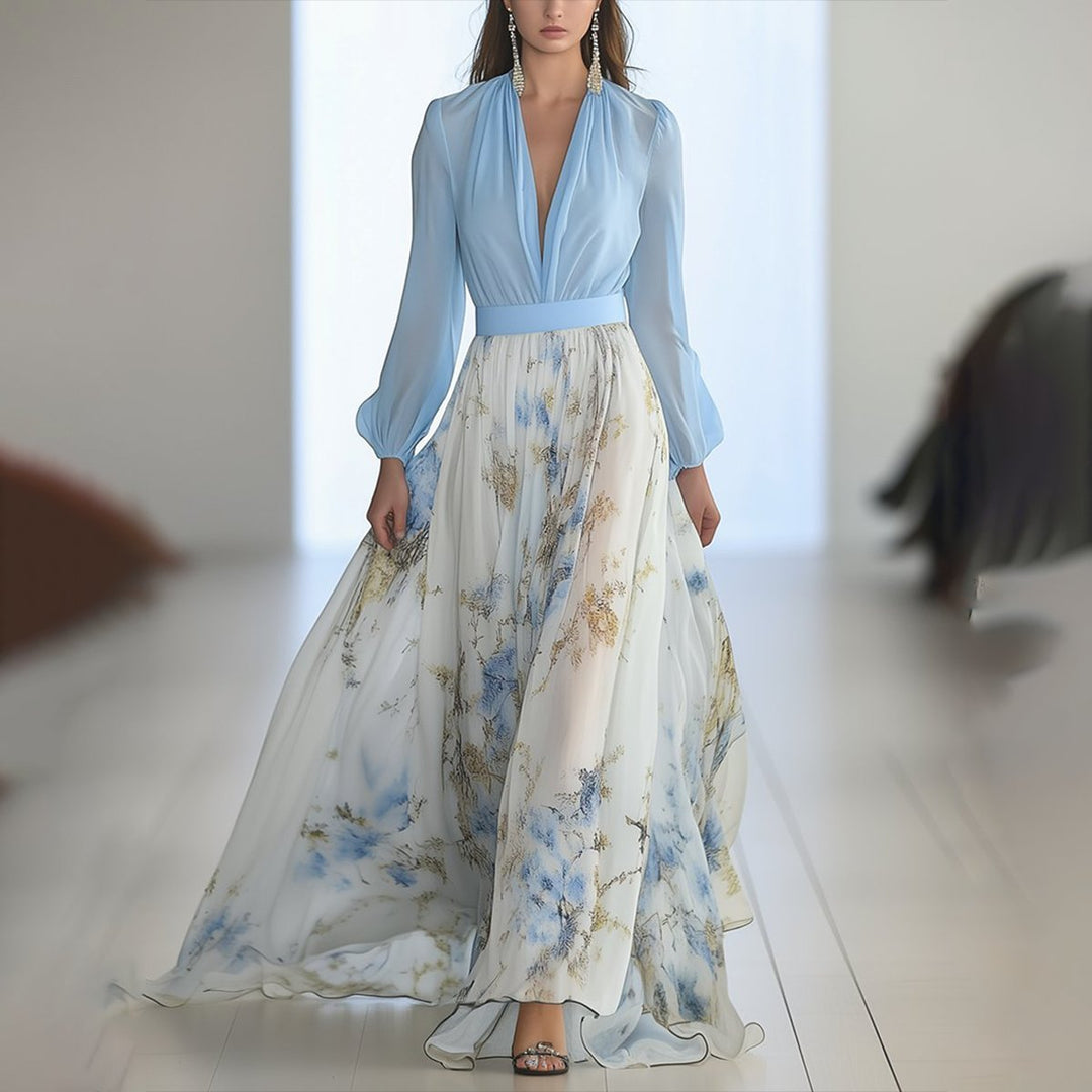 Women's Deep V-Neck Floral Maxi Long Sleeve Dress A-Line Chiffon - Blue