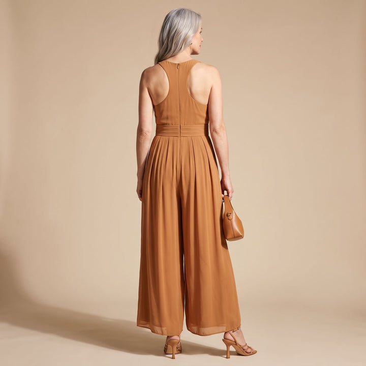 Women's Deep V-Neck Pleated Chiffon Wide-Leg Jumpsuit