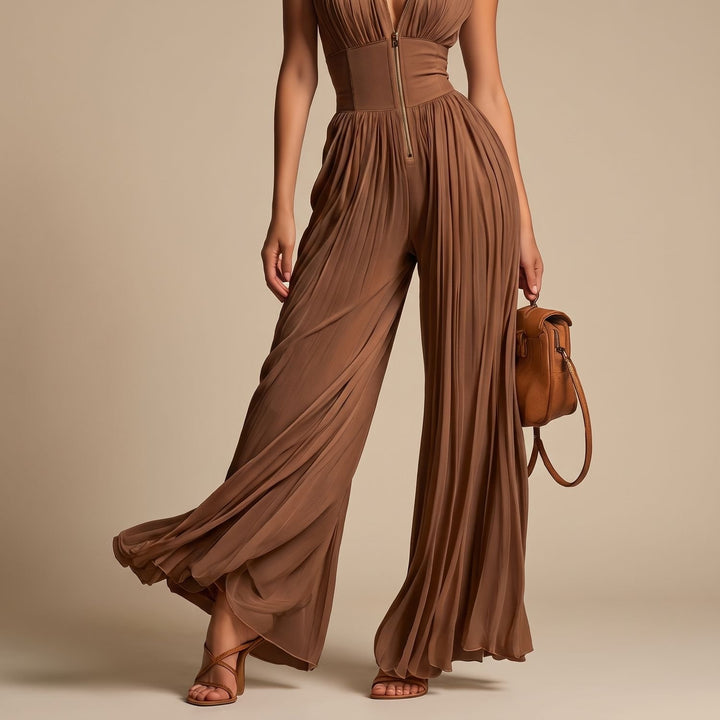 Women's Deep V-Neck Pleated Chiffon Wide-Leg Jumpsuit