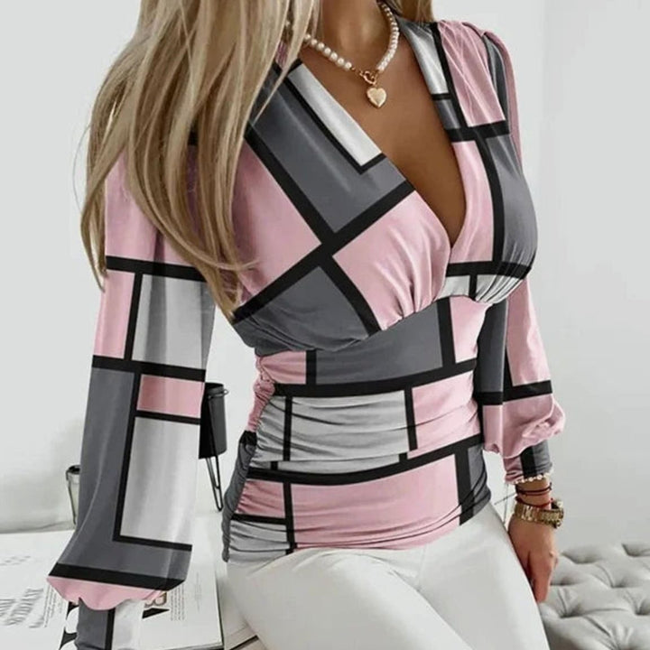Women's Deep V-Neck Ruched Waist Blouse Long Sleeve Fitted Top - Geometric Pink and Gray