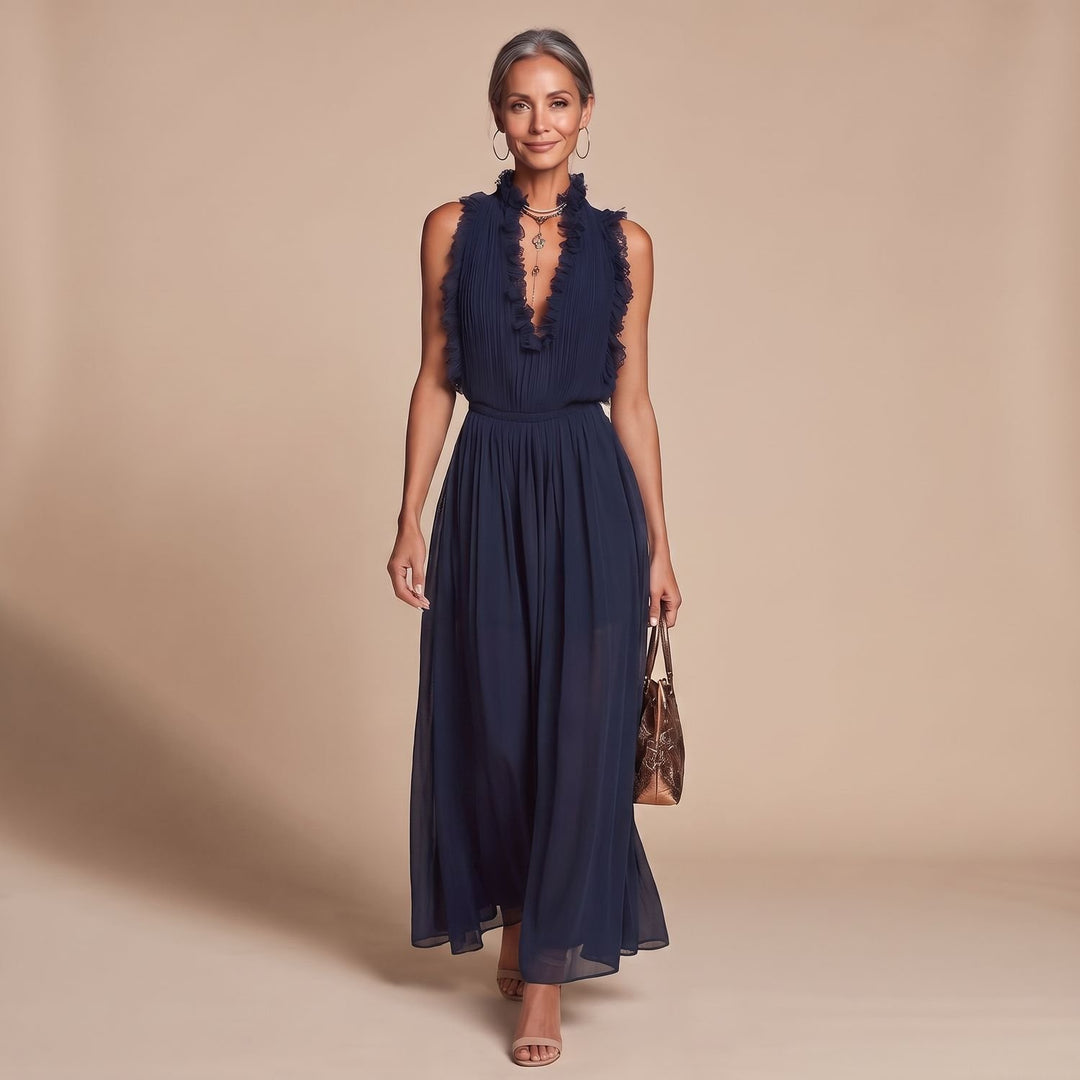 Women's Deep V-Neck Ruffle Lace-Trim Pleated Chiffon Jumpsuit