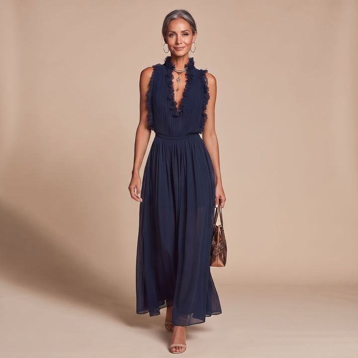 Women's Deep V-Neck Ruffle Lace-Trim Pleated Chiffon Jumpsuit