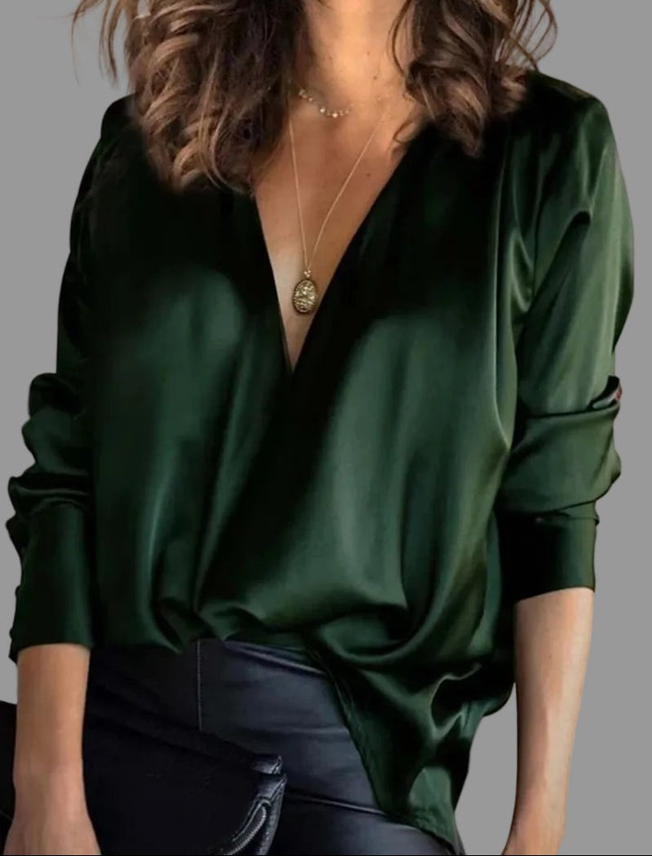 Women's Deep V-Neck Satin Long-Sleeve Draped Blouse - Green