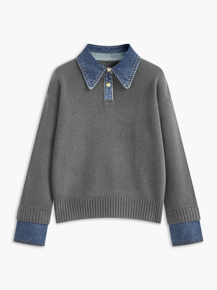 Women's Denim-Collar Knit Polo Sweater - Light Grey