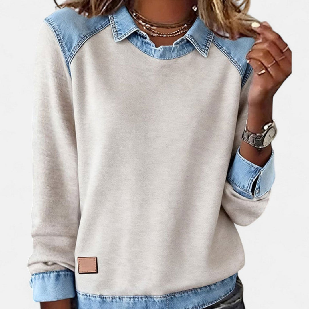 Women's Denim-Collar Raglan Knit Sweater Long Sleeve Pullover - Beige