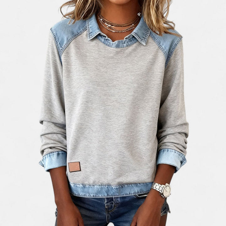 Women's Denim-Collar Raglan Knit Sweater Long Sleeve Pullover