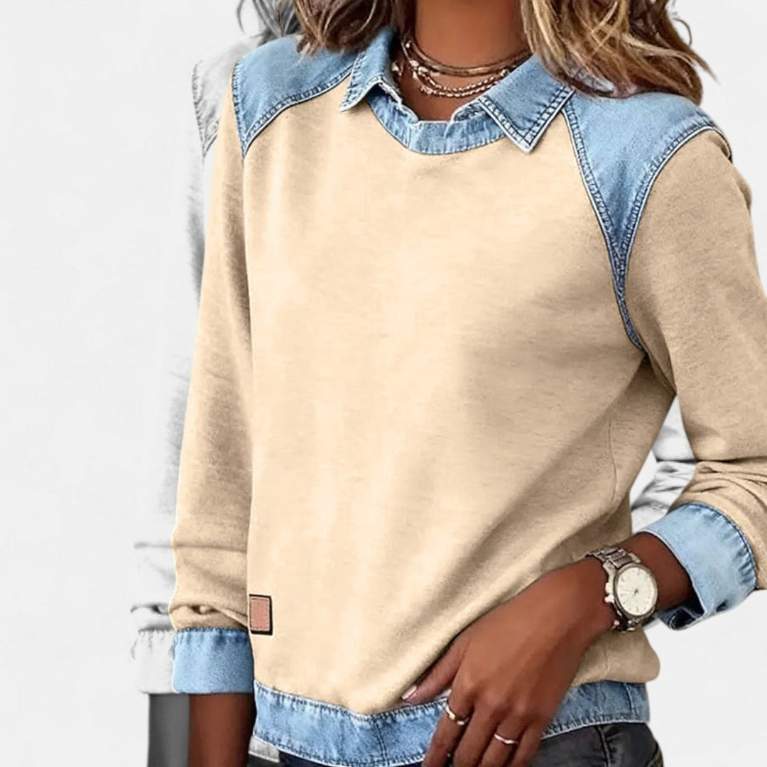 Women's Denim-Collar Raglan Knit Sweater Long Sleeve Pullover
