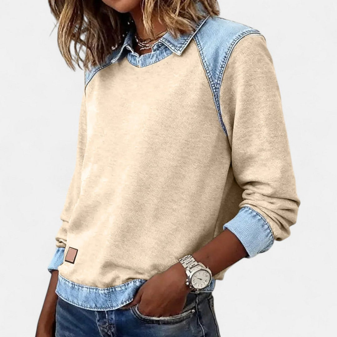 Women's Denim-Collar Raglan Knit Sweater Long Sleeve Pullover