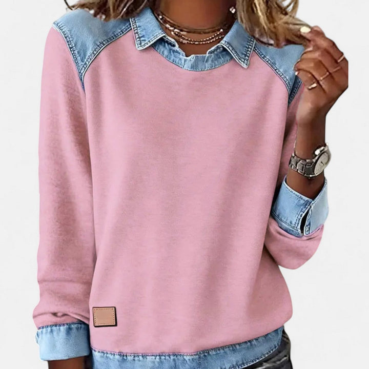 Women's Denim-Collar Raglan Knit Sweater Long Sleeve Pullover - Pink