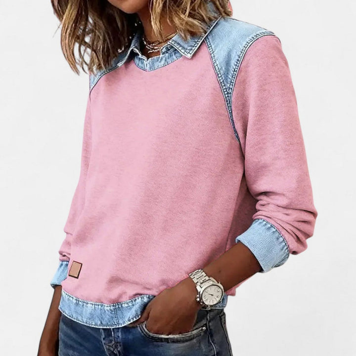 Women's Denim-Collar Raglan Knit Sweater Long Sleeve Pullover