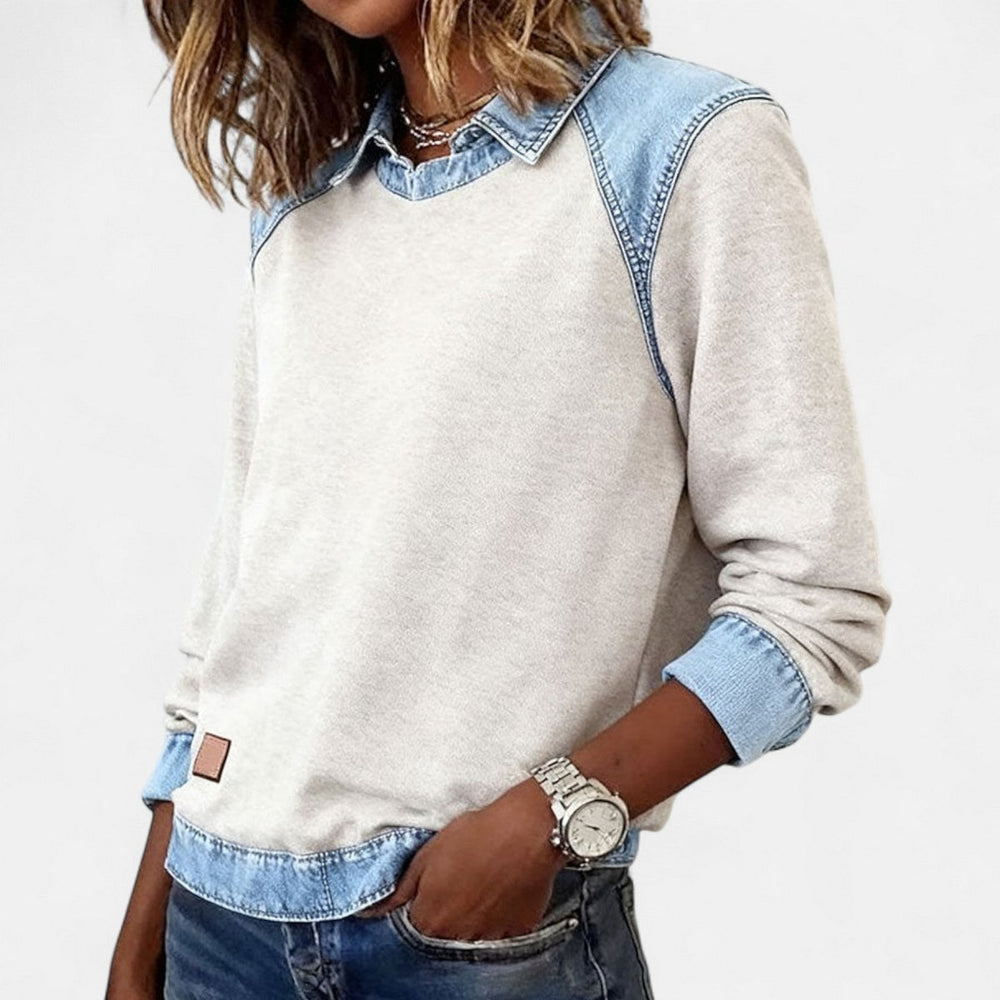 Women's Denim-Collar Raglan Knit Sweater Long Sleeve Pullover