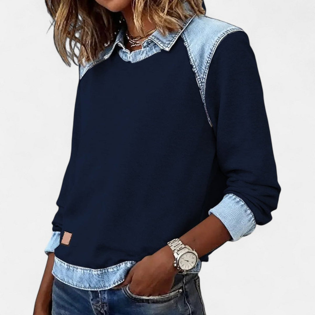 Women's Denim-Collar Raglan Knit Sweater Long Sleeve Pullover