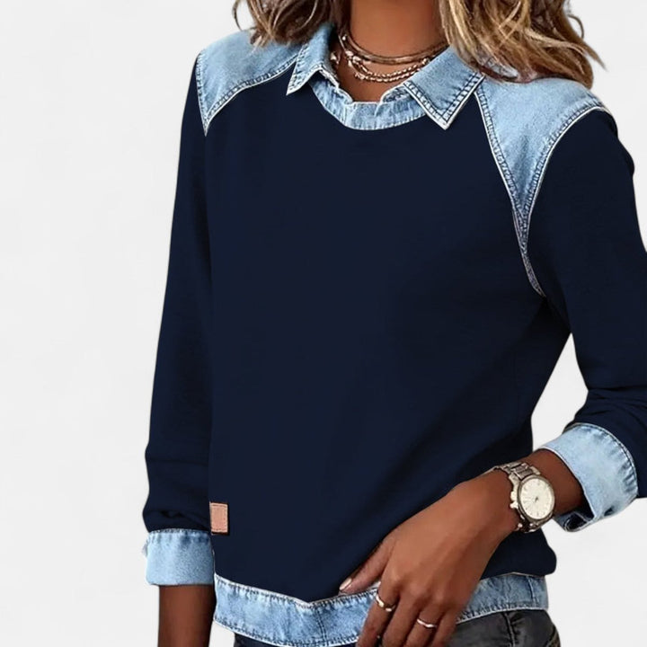 Women's Denim-Collar Raglan Knit Sweater Long Sleeve Pullover - Navy Blue