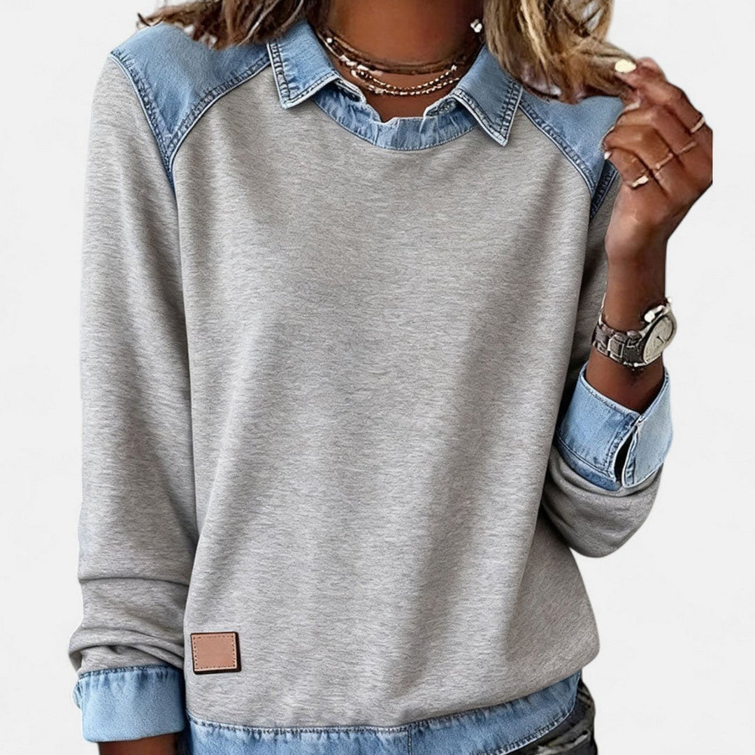 Women's Denim-Collar Raglan Knit Sweater Long Sleeve Pullover - Gray