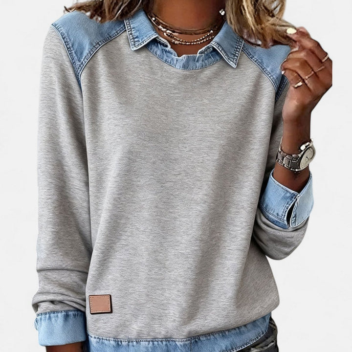 Women's Denim-Collar Raglan Knit Sweater Long Sleeve Pullover - Gray