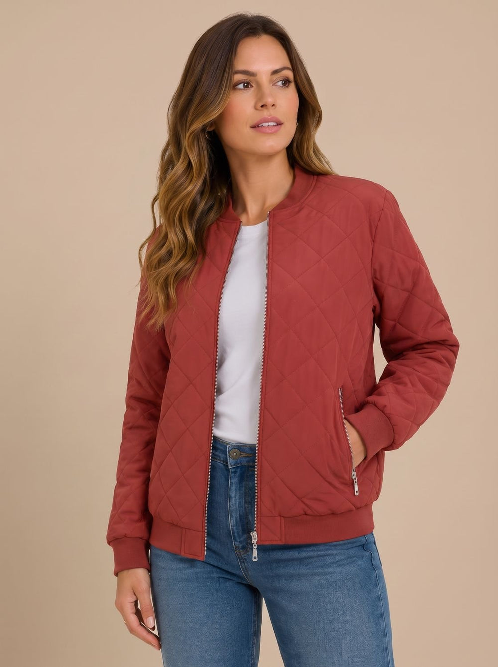 Women's Diamond Quilted Bomber Jacket with Pockets - Red