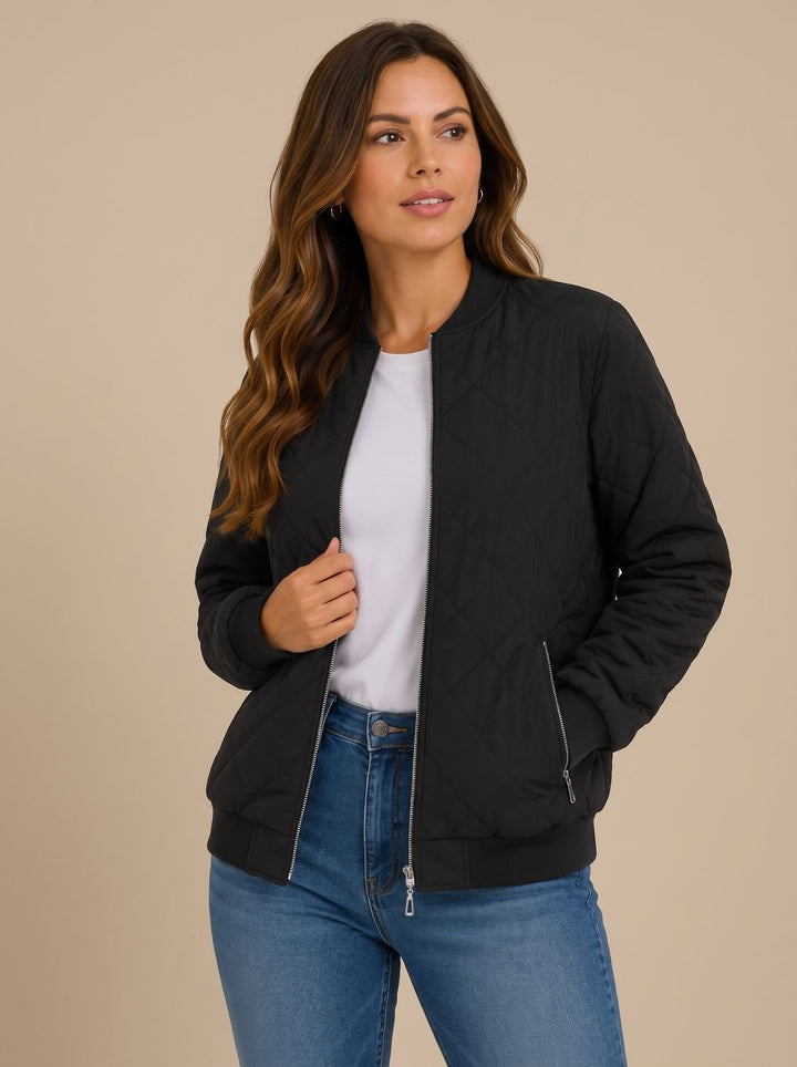 Women's Diamond Quilted Bomber Jacket with Pockets - Black