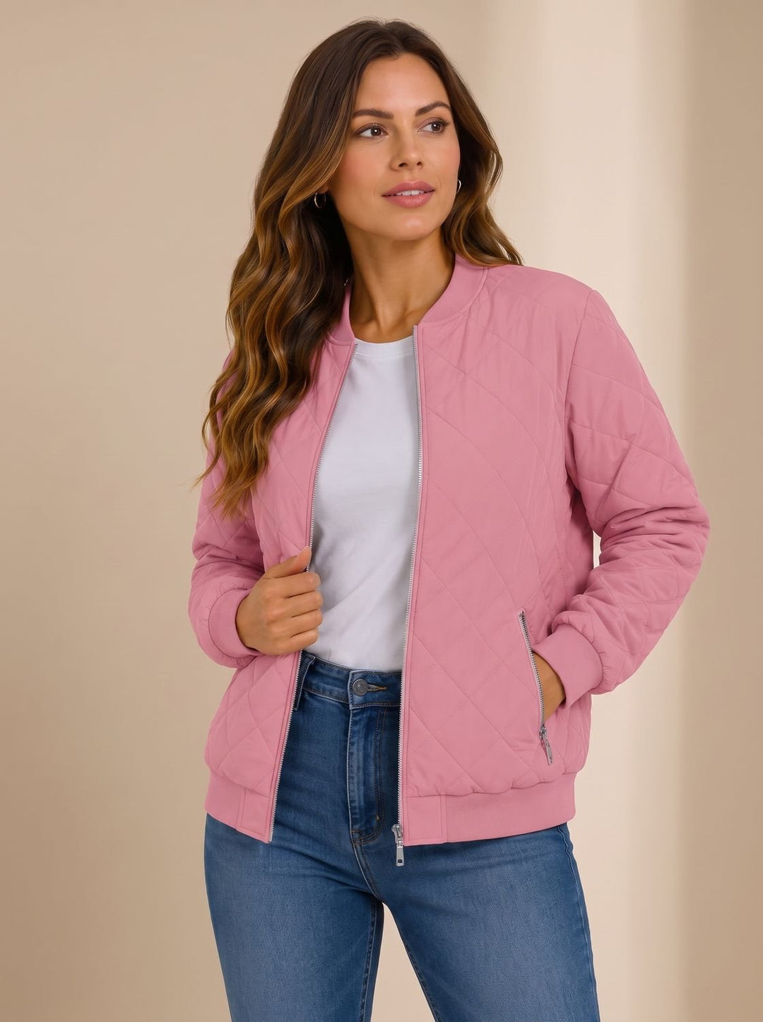 Women's Diamond Quilted Bomber Jacket with Pockets - Pink