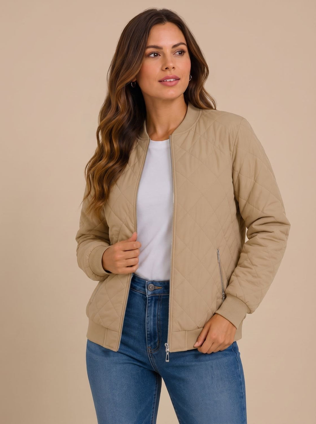Women's Diamond Quilted Bomber Jacket with Pockets - Beige
