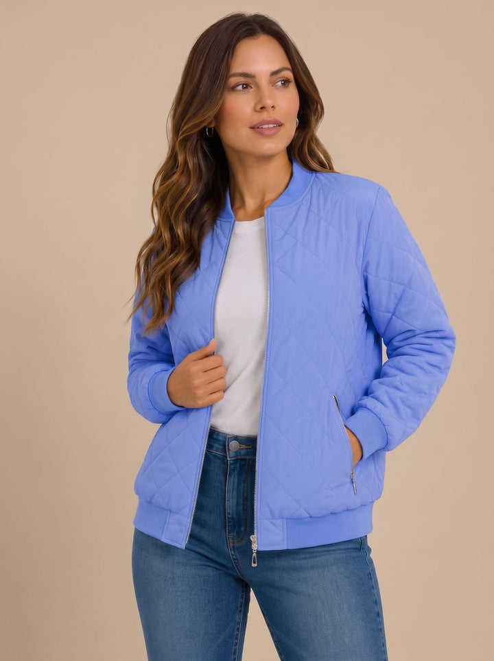 Women's Diamond Quilted Bomber Jacket with Pockets - Navy Purple