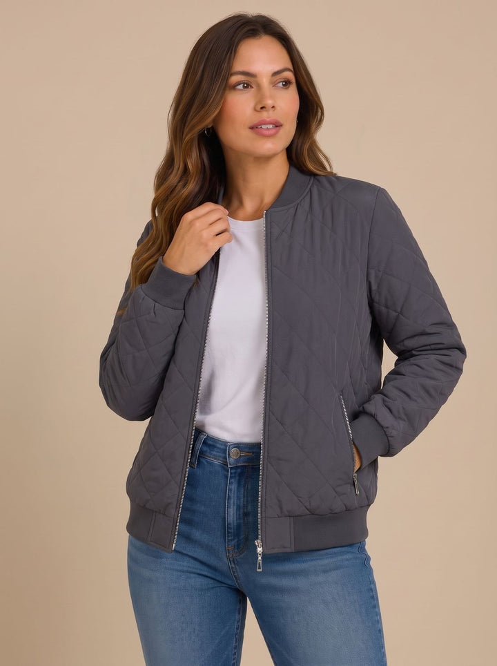 Women's Diamond Quilted Bomber Jacket with Pockets - Grey