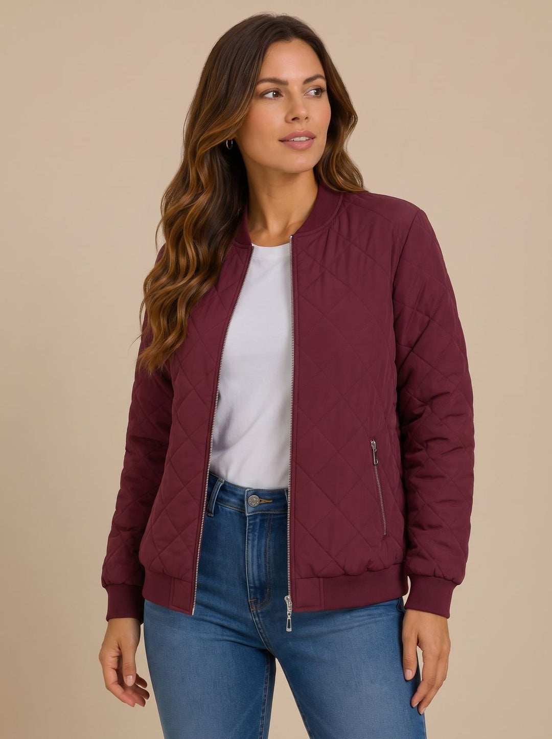 Women's Diamond Quilted Bomber Jacket with Pockets - Red Carpet