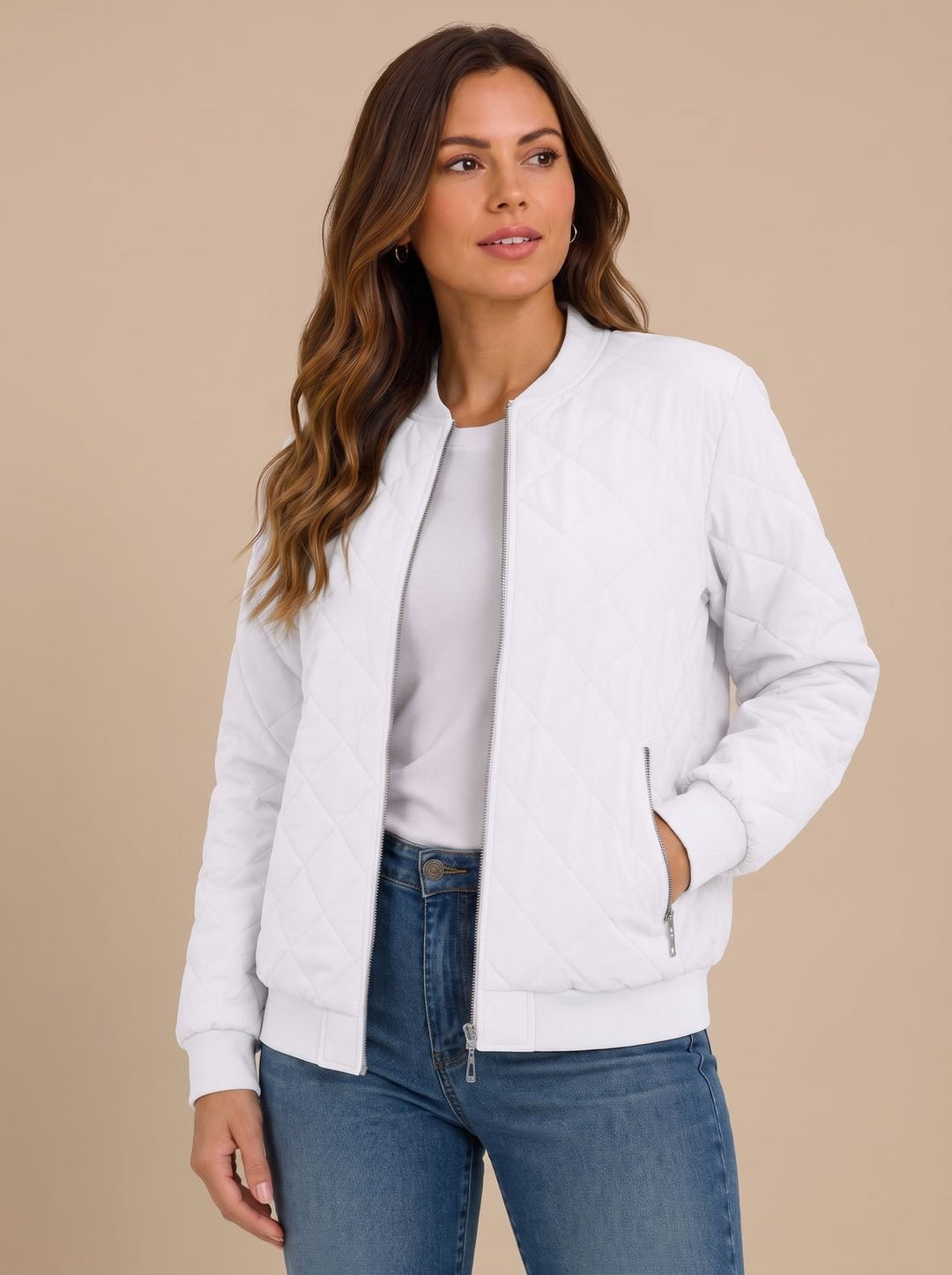 Women's Diamond Quilted Bomber Jacket with Pockets - White