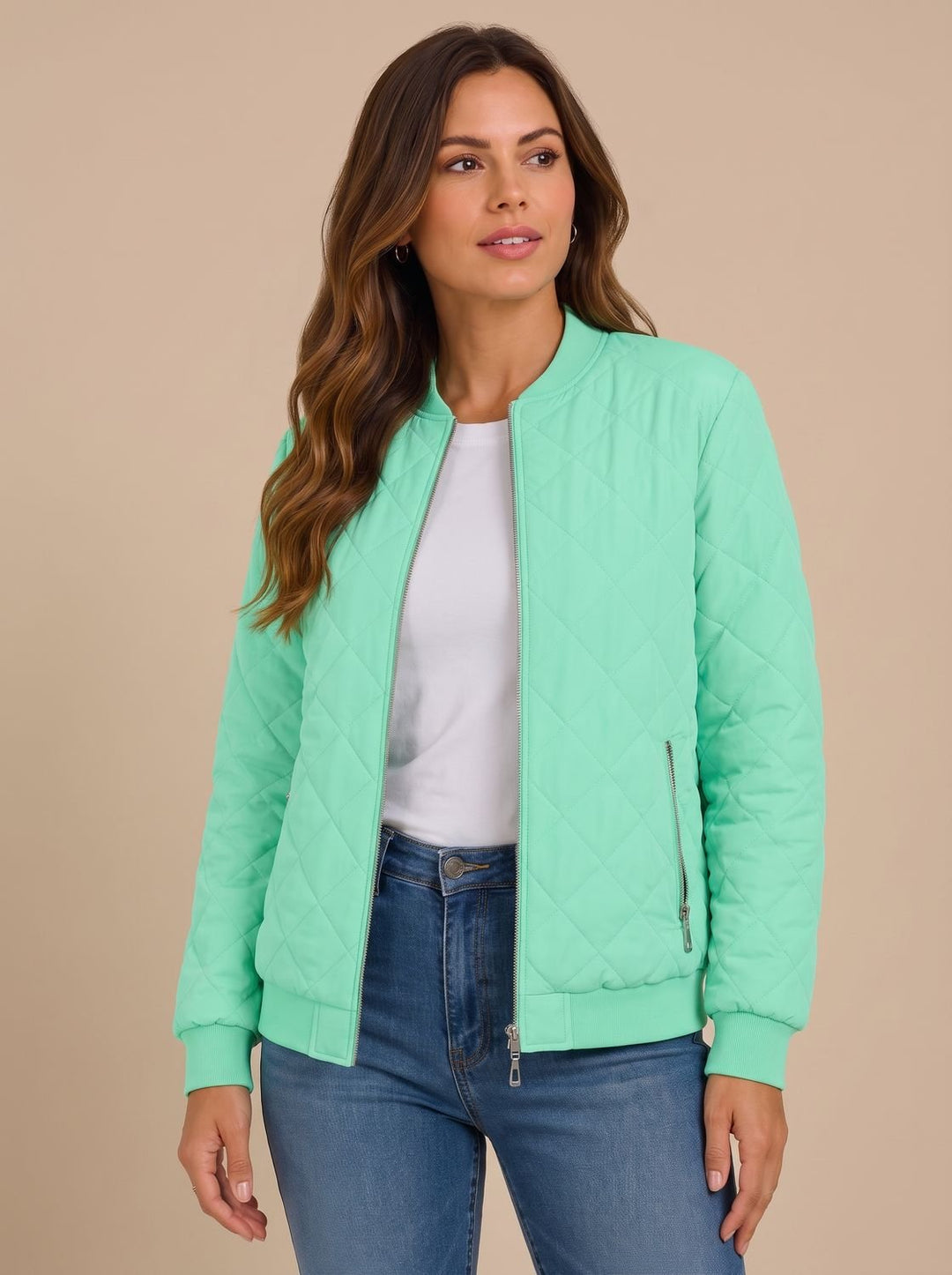 Women's Diamond Quilted Bomber Jacket with Pockets - Light Green