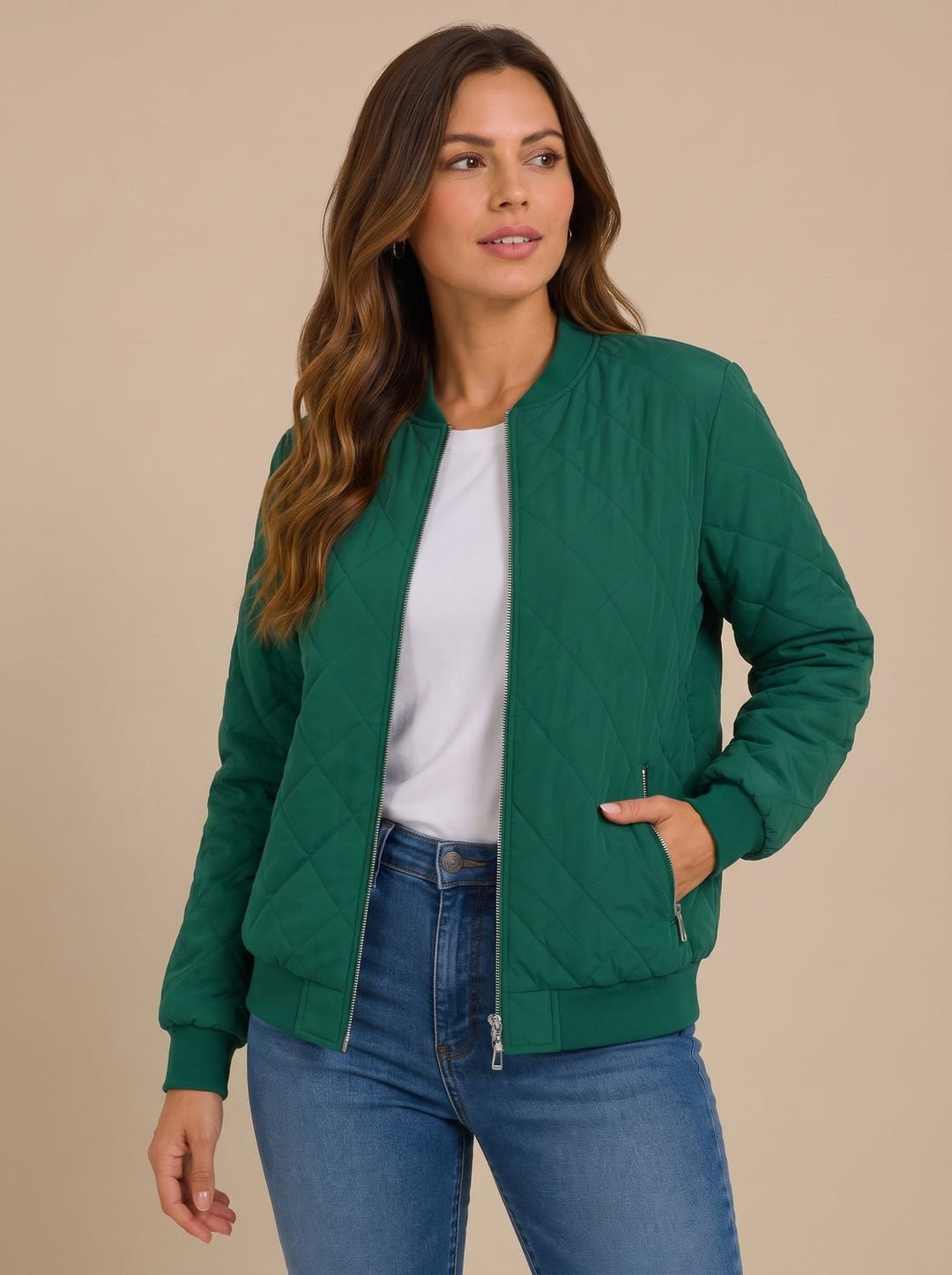 Women's Diamond Quilted Bomber Jacket with Pockets - Green